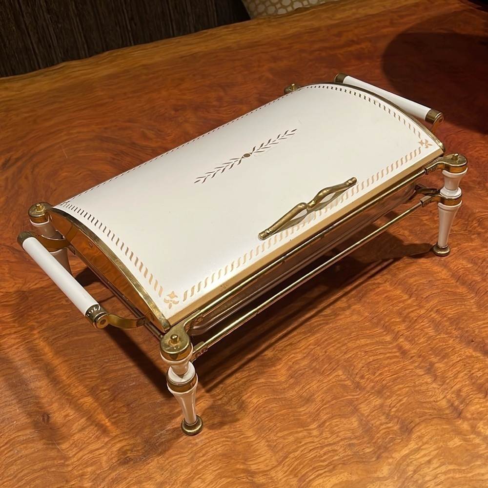 Vintage Food Warmer Mid Century Modern Anchor Hocking Fire King White Gold Metal